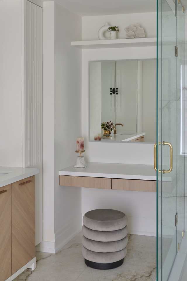 quiet luxe all white bathroom with marble details